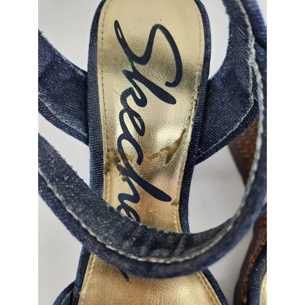 Skechers Wedge Sandals Women 9‎ Blue Denim Brown Woven Platform 38268
